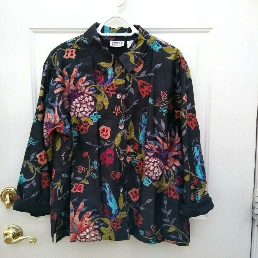 Chico's Beaded Floral Button Front Top Shirt‎ L